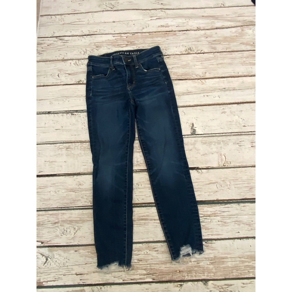 American Eagle Hi-Rise Jegging Crop Dark Wash Raw Hem Jeans Size 0 Regular